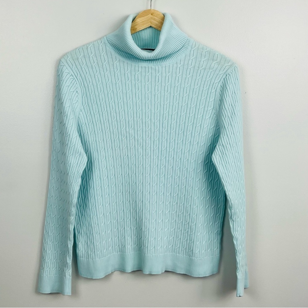 Talbots 100% Pima cotton light blue cableknit fitted turtleneck sweater, XL.